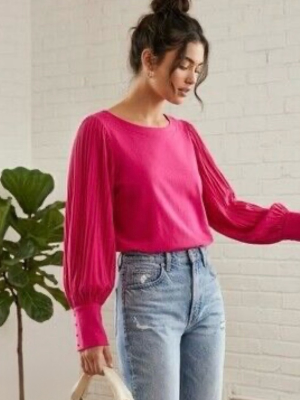 By Anthropologie Fuchsia Pink Puff Sleeve Boatneck Top M